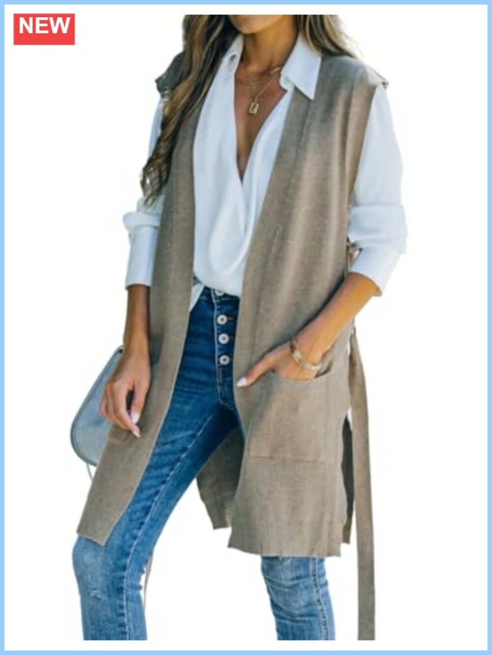 Womens Long Sweater Vest Sleeveless Open Front Cardigan with Belt
